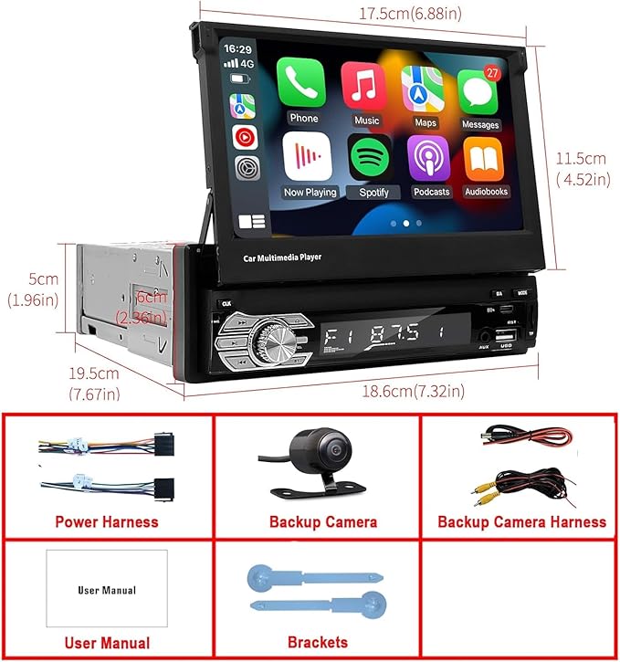 Single-Din-Touchscreen-Radio,Carplay&Android Auto,Car-Stereo-with Backup Camera Bluetooth/FM/RDS Radio/Type-C/USB/SD/MP4/MP5 Player EZoneTronics