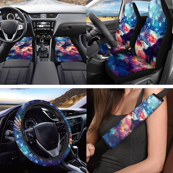 18 Pcs Eagle American Flag Car Interior Accessories Set, Car Seat Covers Full Set with Auto Steering Wheel Cover Floor Mats Armrest Pad Seat Belt Pads Handle Wraps Cup Coaster Keychain