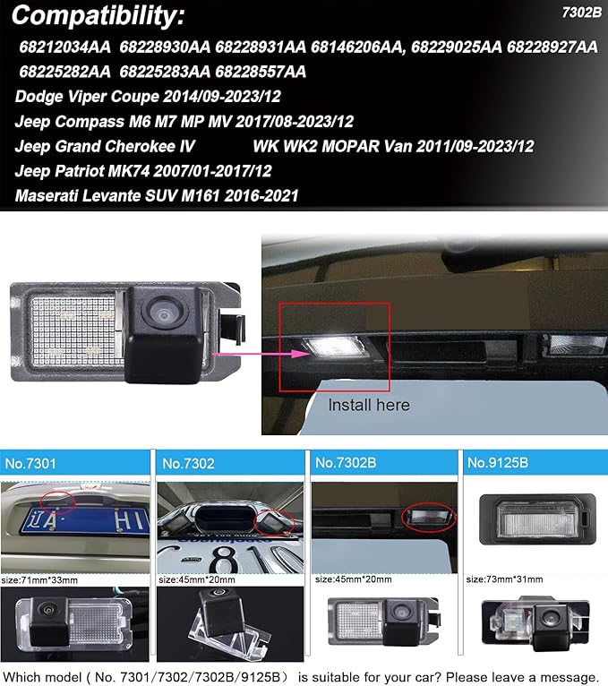 HD Car Rear View Backup Camera Vehicle-Specific License Plate Light Reverse Camera, for Dodge Viper Coupe Jeep Compass M6 M7 MP MV Grand Cherokee IV WK WK2 Mopar Van Patriot MK74 Levante SUV