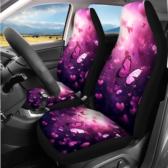 8 Pcs Pink Butterfly Car Interior Accessories Set for Women, Car Seat Cover Full Set with Steering Wheel Cover Center Console Seat Belt Pads, Automotive Decorations