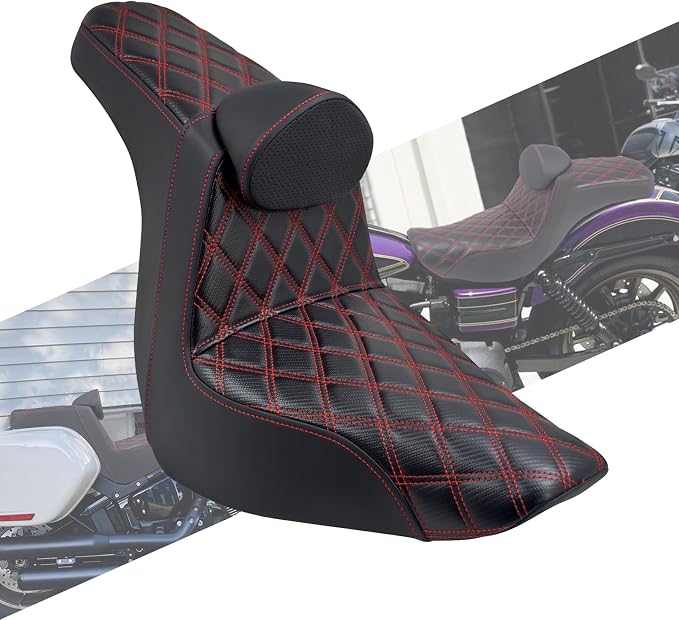 Motorcycles Driver Passenger Seat Cushion Pad One-Piece Seat Leather Pillion with Driver Backrest Fit for Harley Low Rider FXLR FXLRS Sport Glide FLSB 2018-2024 (Red Stitching)