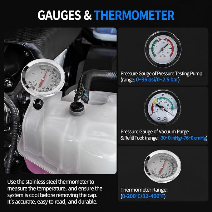 28PCS Coolant Pressure Tester & Vacuum Refill Kit, Radiator Pump Pressure Tester Kit for Automotive Cooling System Water Tank Leakage Detection, Fits Most Vehicles, Cars, SUVs, and Trucks