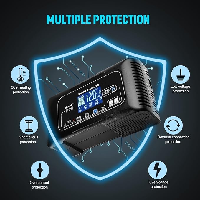 Battery Charger, Smart 0-20A 12V/24V Trickle Charger, Portable Car Battery Charger with 9 Stages of Charging for LiFePO4, Lead-Acid, and Lithium Batteries, with Battery Repair Function