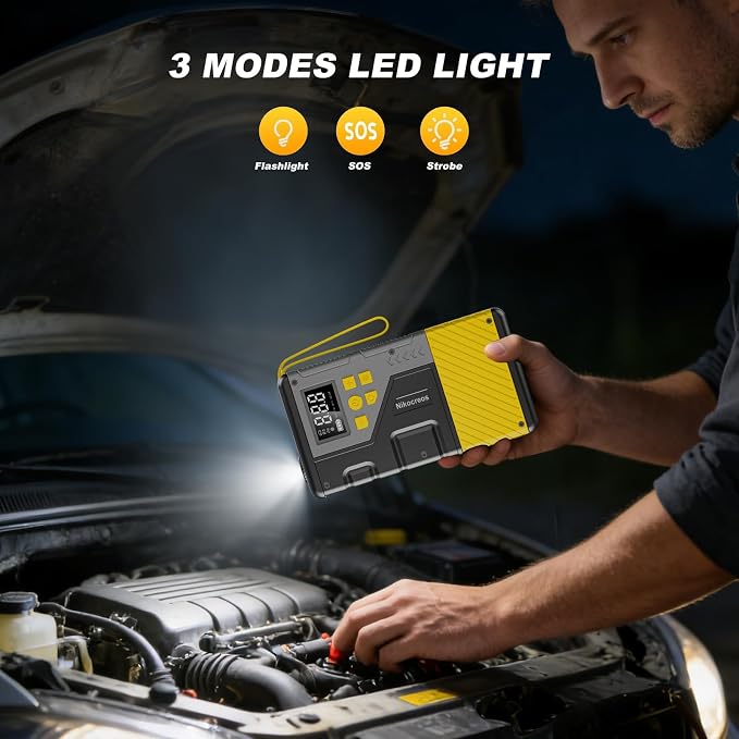 Portable Car Jump Starter with Air Compressor for Emergencies,3000A Peak and 150 PSI Max,for 12L Gas & 10L Diesel Engines,LCD Display,LED Light