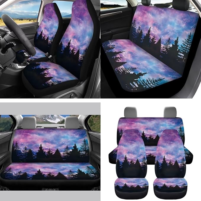 Purple Mountain Galaxy 15 PCS Car Seat Cover Set with Auto Steering Wheel Cover Seat Belt Strap Protector Cup Holder Trash Bag Rear View Mirror Protector Keychain