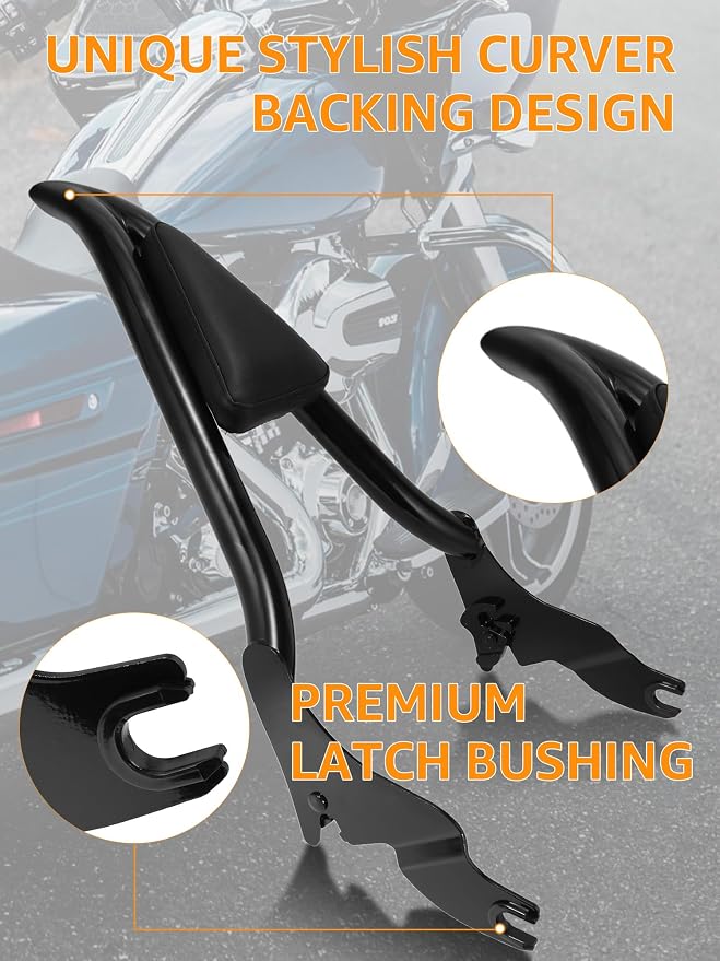 One-Piece Sissy Bar Fit for Harley Davidson 2009-2026 Rear Passenger Backrest Quick Release Compatible for Touring Street Glide, Road Glide, Road King, Ultra Limited, Electra Glide
