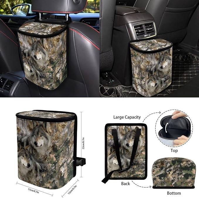 15Pcs Camo Hunting Wolf Car Seat Cover Full Set for Women Men with Car Steering Wheel Cover Seat Belt Cover Trash Bin Front Rear View Mirror Car Cup Holder Keychain