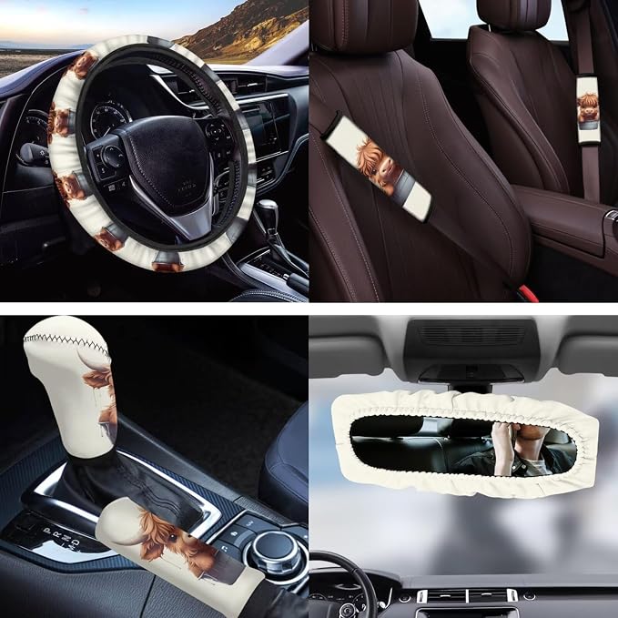 Cute Highland Cow 11 Pack Car Seat Covers Full Set Front Seat Cover Car Steering Wheel Cover Auto Seat Belt Cover Gear Lever Cover Cars Rear View Mirror Cover for Cars SUV