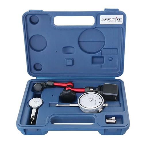 Accusize 3pc Dial Indicator, Test Indicator and Magnetic Base Set | 0-1 in x 0.001 in Dial Indicator, 0.03 in x 0.0005 in Test Indicator, 30 kg Magnetic Base, 0510-0518