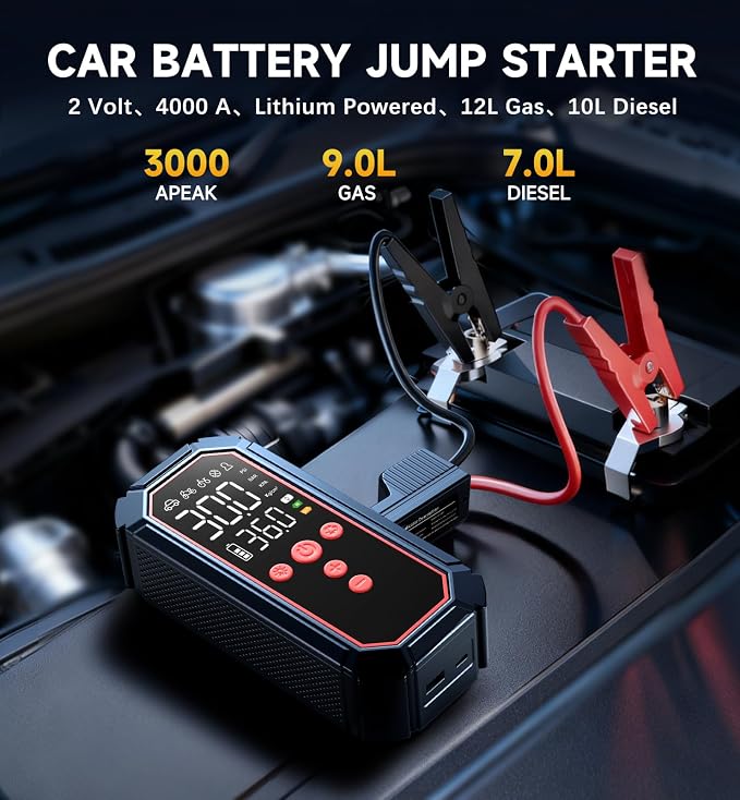 Portable Jump Starter with Air Compressor - 4000A Winter Car Battery Booster for SUVs & Trucks, Road Trip Essential with Tire Inflator & Power Bank for Interstate Travel