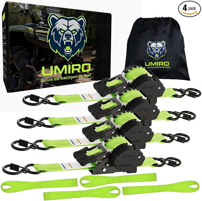 Retractable Ratchet Straps 1 Inch x 12 Feet Heavy Duty Tie Downs,1760lb Break Strength,Self Retracting for Truck,Cargo,Trailer,Motorcycle,ATV,UTV (Fluorescent Green, 4pack)