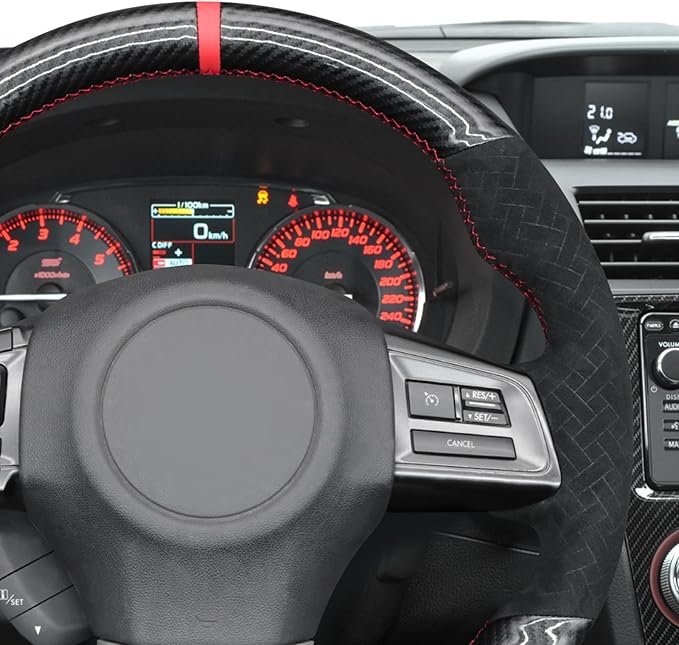 MEWANT Hand Stitch Black Shiny PU Carbon Fiber Woven Embossed Athsuede Steering Wheel Cover for Subaru WRX STI 2015-2021