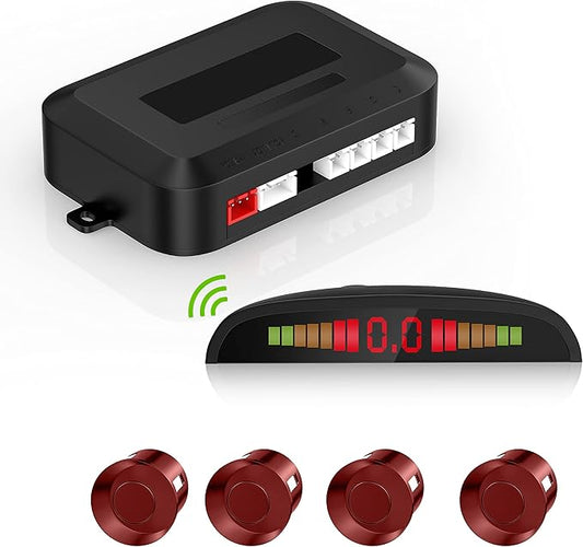 Wireless Parking Sensor, Reverse Radar System with 4 Car Backup Sensors, Wireless LED Distance Display with Sound Warning + 4 Flit Red Color Car Parking Sensor for Auto Vans RV Trailer