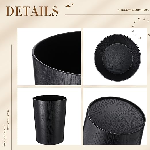 Threehoney 2 Pack 2.3 Gallons Wood Trash Can Wastebasket Natural Wood Round Wastebasket Small Trash Bin for Home, Office Under Desk, Kitchen, Bedroom, Hotel, Room(Black,Flat)