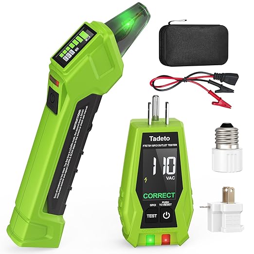 Tadeto Circuit Breaker Finder Tool with Outlet Tester, Quickly GFCI, Voltage, Electric Tester with Dual LCD Display, Light Socket and 3-2 Prong Grounding Adapter, Alligator Clip Adapter (Green)