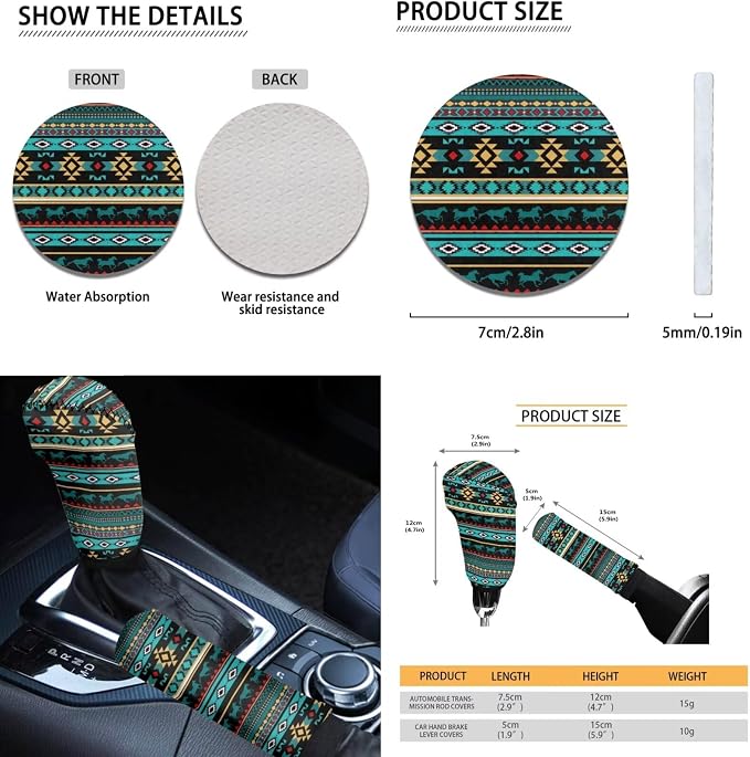 Dreaweet South Western Aztec Seat Covers for Cars Full Set,Native American Seat Cover with Steering Wheel Cover/Center Console Cover/Seatbelt Covers/Coaster/Gear Shift Cover/Handbrake Cover,Universal