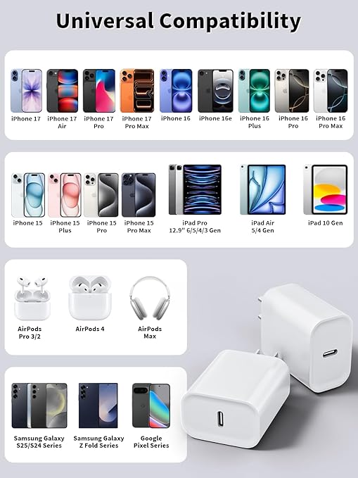 iPhone 17 16 Charger Fast Charging,2Pack 20W USB C Fast Charging Block Charger with 2Pack 60W Woven Braided Type C to C Cable for iPhone Air/17 Pro Max/16/16 Pro Max/16e/15Pro Max/15/iPad Air/AirPods