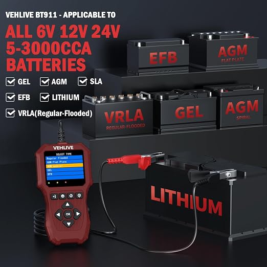 Car Battery Tester 6V 12V 24V with Lithium Battery Testing, BT911 5-3000CCA Automotive 12V&24V Dual Circuit Testing, Load/Alternator Tester, Charging Cranking System Tester for All Car Motorcycle Boat