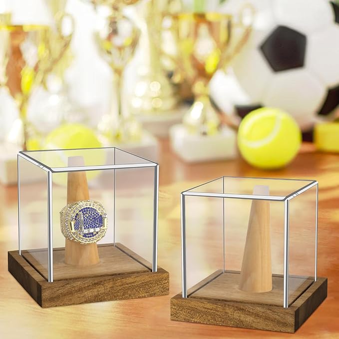Clear Acrylic Championship Ring Display Case with Wood Stand Base, Memorabilia Stand Cube Holder Dust Protection Transparent Storage Box for Sports Baseball Basketball Fan Souvenir Protection Supplies