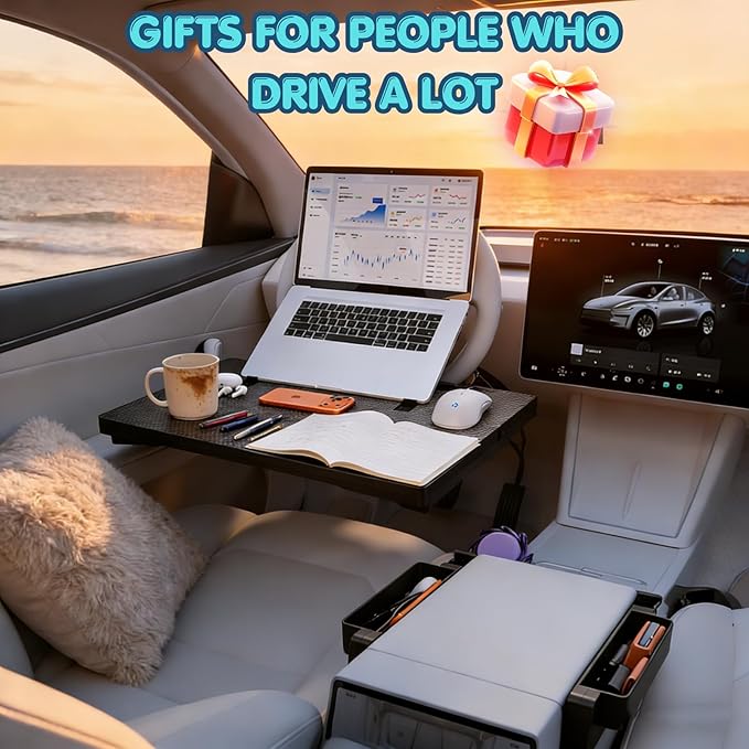 Carbon Fiber 2-in-1 Steering Wheel Tray Table & Car Seat Gap Filler Organizer | Foldable Adjustable Desk for Laptop, Eating & Work | Universal Car Office Accessories for Drivers, Women & Men