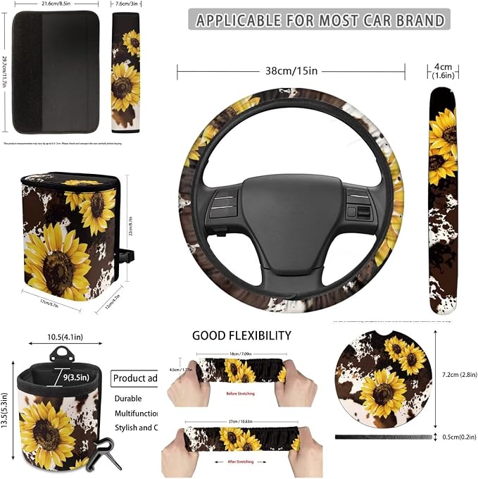 Dreaweet Car Seat Covers Full Set for Women Brown Cow Print and Sunflower Car Accessories - Steering Wheel Cover Seat Belt Pads Car Coasters Trash Bag Air Vent Pouch Rearview Mirror Cover Keychain