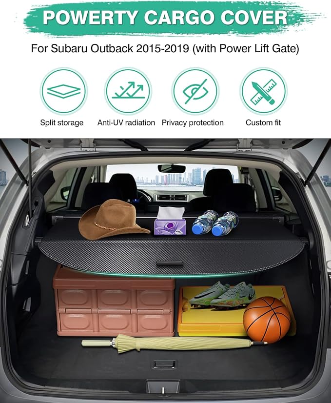 Powerty Cargo Cover for 2015-2018 2019 Subaru Outback Accessories Trunk Cover Retractable Trunk Shielding Shade Cargo Luggage Cover No Gap (Only for Power Liftgate)