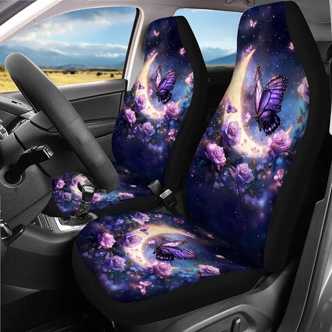 Butterfly Moon Car Accessories Full Set 18 Pieces Butterfly Flower Car Seat Covers Full Set Universal Car Seat Belt Pads Cover Car Headrest Covers Cup Coasters Keychain Car Trash Can
