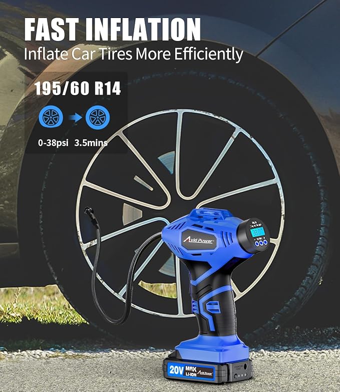 AVID POWER 20V Cordless Tire Inflator Portable Air Compressor bundle with 12V Portable Car Tire Pump