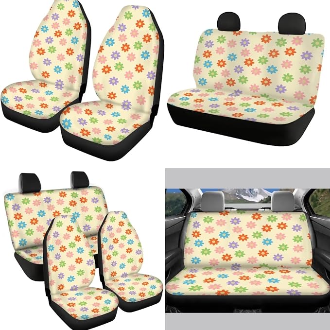 Vintage Groovy Rainbow Flower Car Seat Covers Full Set,Floral Cute Steering Wheel Cover Universal 15Inch,Armrest Pad Key,Seatbelt Pad,Coasters,12Pcs Aesthetic Hippie Car Interior Set for Women