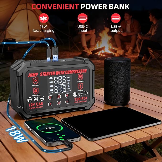 Jump Starter with Air Compressor, 4000A Peak Portable Car Battery Jumper Starter with 150PSI Auto-Shutoff Tire Inflator, 12V Car Jump Box with LED Light&LED Display All Gas /10L Diesel,Motorcycle