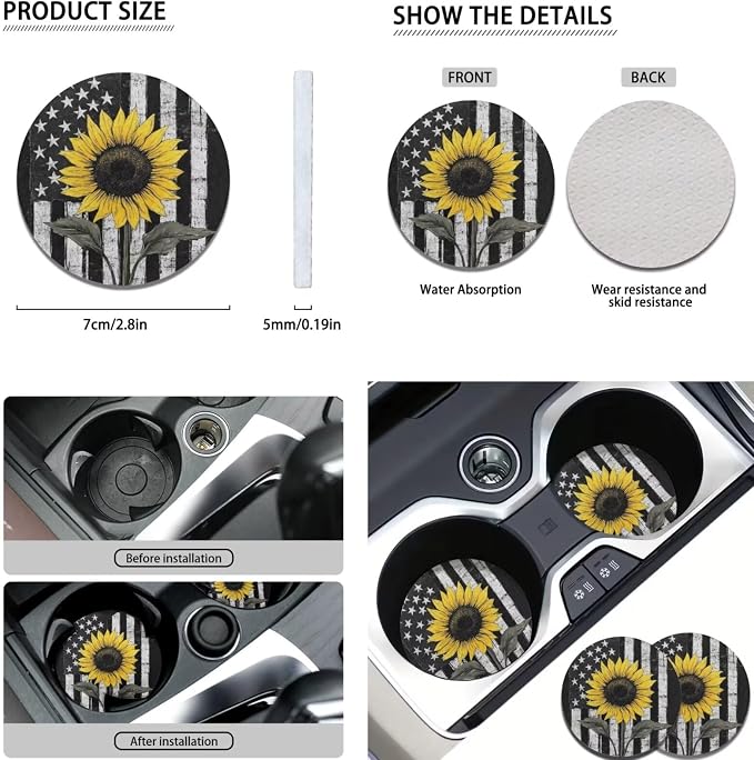 POLERO American Flag Sunflower Seat Cover for Cars Patriotic Car Accessories 11pcs Sets with Steering Wheel Cover/Seatbelt Pads/Coasters/Keychains