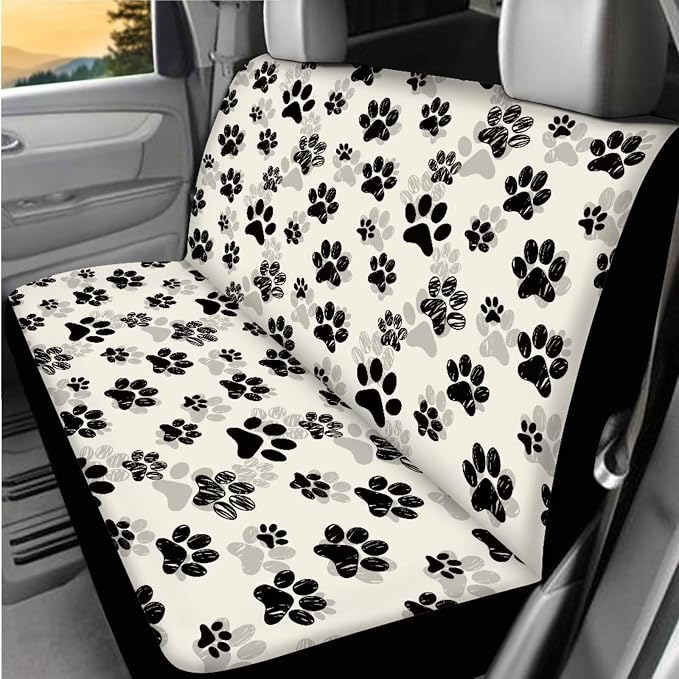 Dog Paw Print Car Seat Covers Full Set with Car Steering Wheel Cover Auto Center Console Pad Cover Seat Belt Pads 8 Pcs Automotive Interior Accessories Set for Women