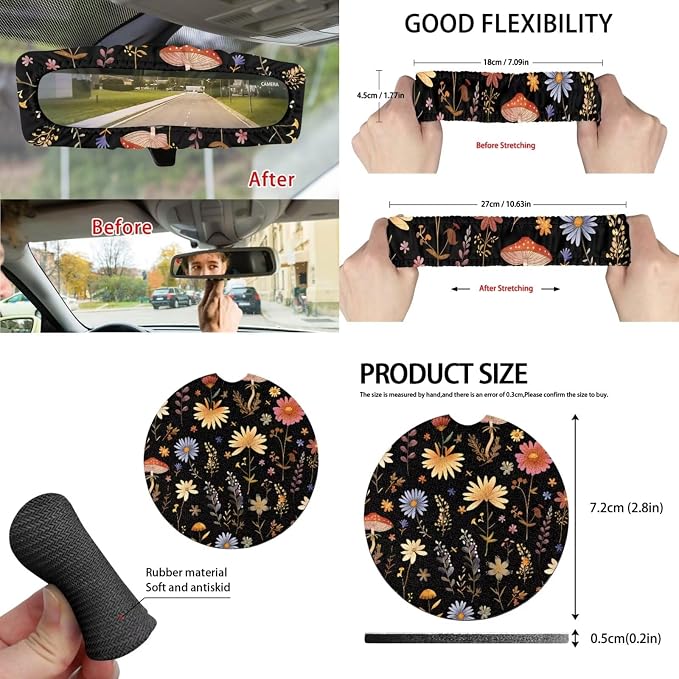 Mushroom Car Aaccessories Full Set of 15 Pcs, Dasiy Car Seat Covers Set with Rear View Mirror Cover,Steering Wheel Covers,Car Trash Can with Lid for Women Man,Universal Fit
