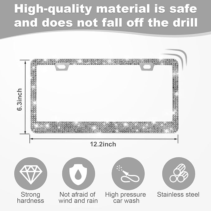 QUANQIUFEI 2 Pack Bling License Plate Frames for Women, Sparkly Rhinestone Diamond Car Accessories with Glitter Crystal Caps (Gilded Black)