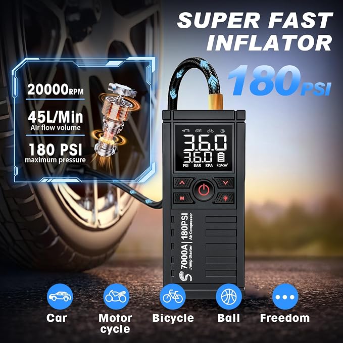Jump Starter with Air Compressor, 7000A 180PSI Car Battery Jump Starter Jump Box (All Gas/10.0L Diesel), Battery Jumper Starter Portable Jumper Cables, Large LCD Display, LED Light Black