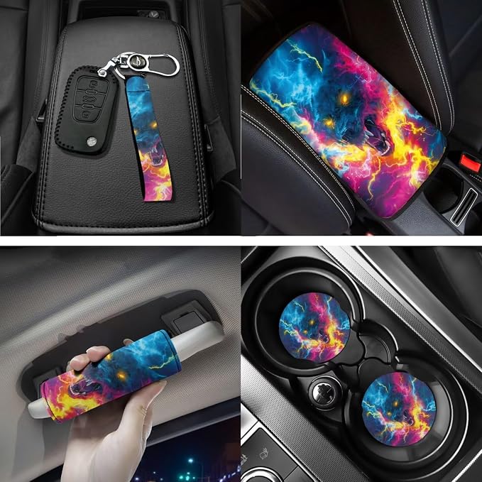 18 Pcs Cool Lightning Wolf Car Interior Accessories Set, Car Seat Covers Full Set with Auto Steering Wheel Cover Floor Mats Armrest Pad Seat Belt Pads Handle Wraps Cup Coaster Keychain