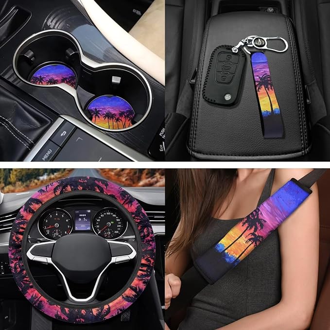 Coconut Tree Car Seat Covers Full Set 11 Pack Auto Seat Belt Cover Steering Wheel Cover Gear Lever Cover Hand Brake Cover Universal Fit for Cars SUV