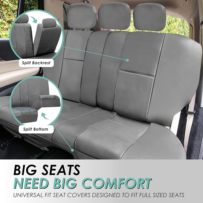 FH Group Car Seat Cover Airbag Compatible Full Set Gray Premium PU Leather - Split Bench Combo Vinyl Floor Mats Seat Covers Interior Accessories Universal Fit for Cars Trucks SUV