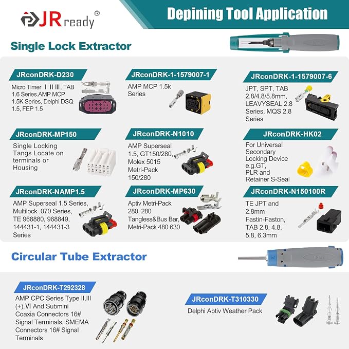 JRready Terminal Removal Tool Kit, Universal Vehicle Electrical Connector Pin Removal Tool for TE, AMP, Delphi, Deutsch,Harting, Molex Pin Extractor Terminal Release Tool Set