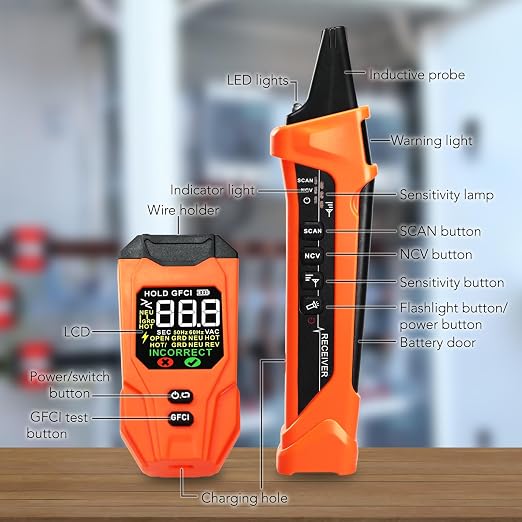 Circuit Breaker Finder Detector with LCD Display, AI Smart Mode, GFCI Outlet Tester, Electrical Circuit Tracer Tool with NCV Test – Includes Carrying Case and Adapters, Rechargeable Function