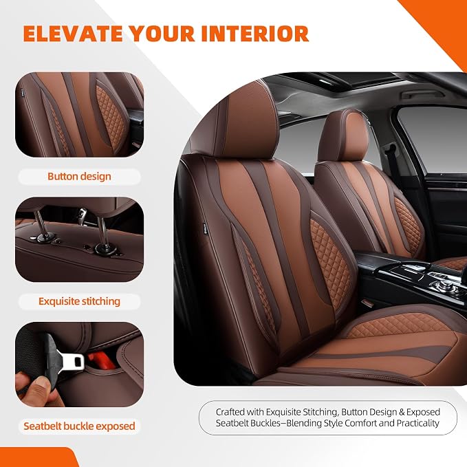 5-Seater Car Seat Covers Full Set, Fit for Front and Rear Seats of Cars, Waterproof and Breathable Nappa Leather, Compatible with Airbags, Car Seat Protector Covers for Most Cars -Coffee Brown