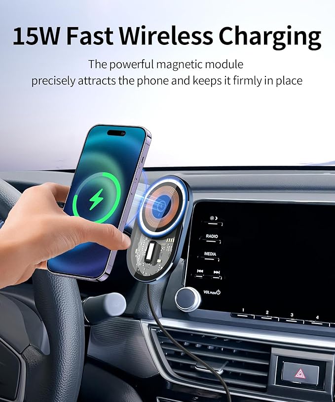 Wireless Charging Car Phone Holder for Honda Accord/Hybrid 2018-2022, 8" Screen Fixed Clip, 360° Rotation Car Phone Mount Compatible with MagSafe
