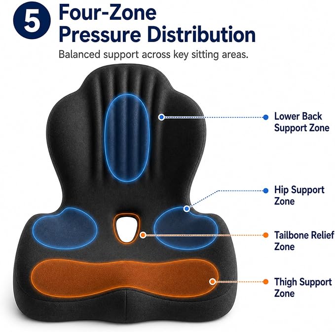 Seat Cushion With Lumbar Support, Extra Thick High Density Ergonomic Seat Cushion For Office Chair And Car Seat, Non-Flattening Memory Foam With Tailbone Pressure Relief And Back Support (Black)