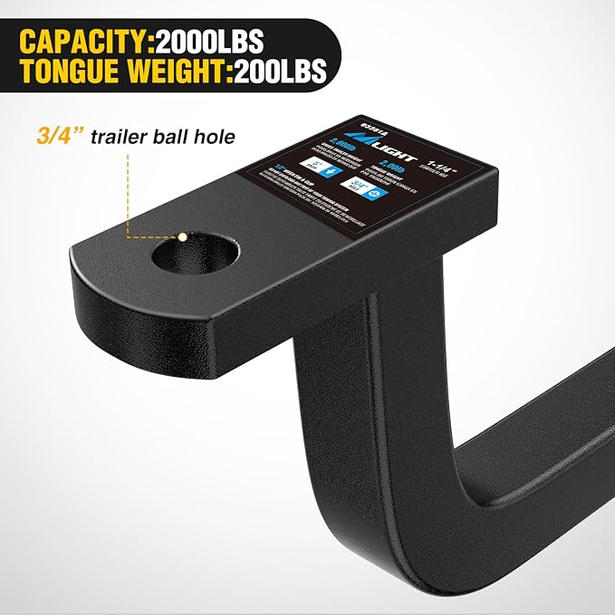 Nilight Trailer Hitch Ball Mount with 1/2" Hitch Pin Clip Fits 1-1/4 Inch Receiver Square 2000 lbs 5"- Rise 3/4"- Hole Gloss Black Powder Coat
