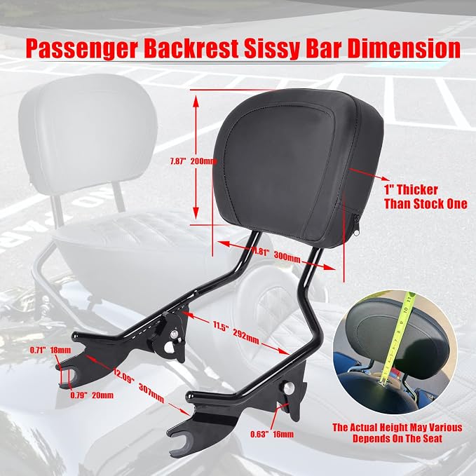 Goldfire Detachable Passenger Backrest for Harley Touring Quick Release Sissy Bar Street Glide Road King Electra Glide 2009-2024 Rear Back Pad (Black)