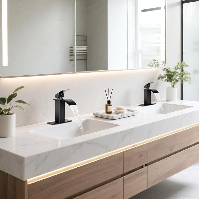 Matte Black Bathroom Faucets, Waterfall Bathroom Sink Faucet Modern Single Handle Bathroom Faucte 1 or 3 Hole, RV Mixer Tap Vanity Faucet - Includes Pop-up Drain Supply Hoses Deck Plate