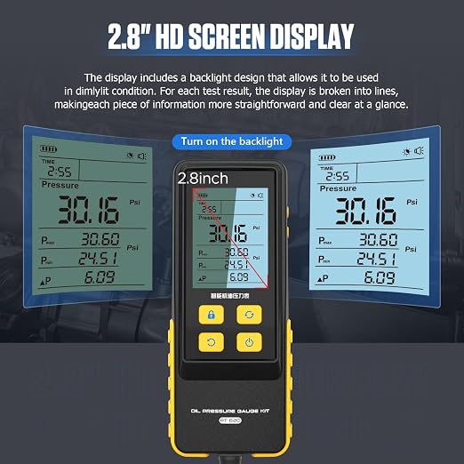 Oil Pressure Tester Kit, Intelligent Digital Backlit Display Screen with 17 Connectors, Test Hose 0-426PSI Automotive Engine Oil Pressure Gauge Tester Tool, 3 Units Switching, Data Holdinc & Zeroing