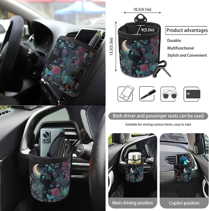 Black Cat Print Car Seat Covers Full Set with Accessories Moon Flower Print Car Front and Rear Seat Covers Steering Wheel Cover Safety Belt Pads Inside Rearview Mirror Cover