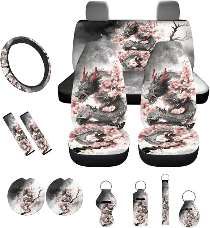 Cool Dragon Cherry Blossom Print Car Accessories Car Seat Covers Full Set with Steering Wheel Covers+Seat Belt Pads+Coasters+Keychain+Lipstick Holder Universal Fit 13 Pack