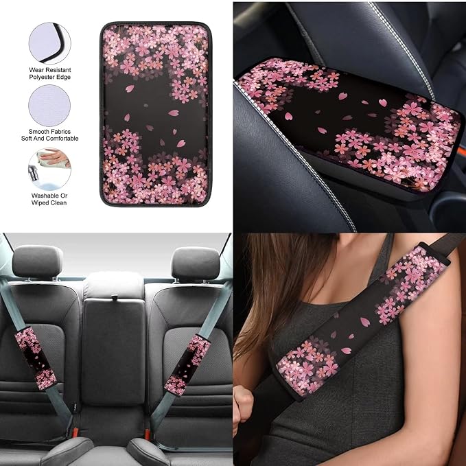 Mumeson Cherry Blossom Car Seat Covers Full Set and Steering Wheel Cover,Seat Belt Covers,Car Interior Armrest Cushion Pad Full Set of 8 Pack Auto Interior Decor Accessories Pink
